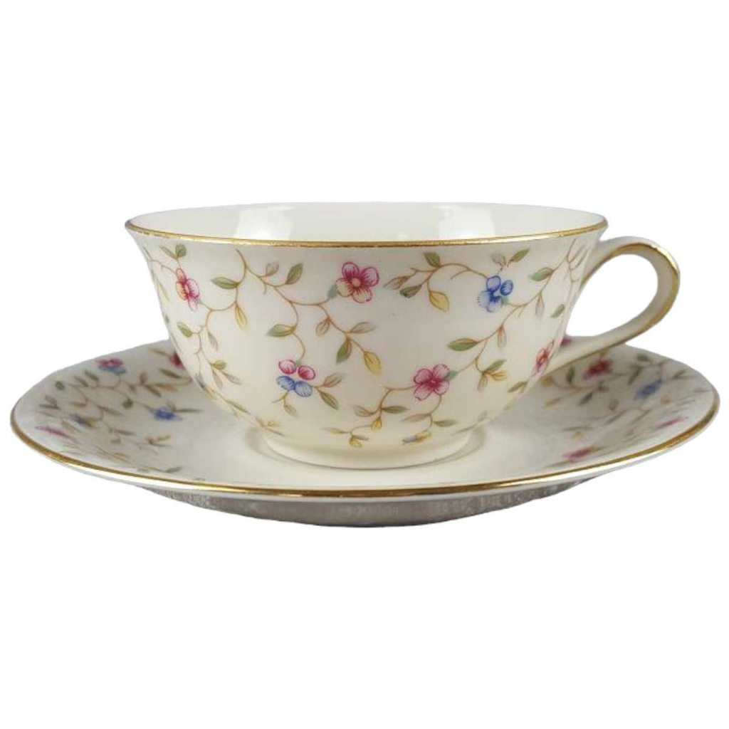 Teetasse mit Untertasse Tasse Goldrand Schaller Elfenbein bunte Blümchen Beige gebraucht - gut