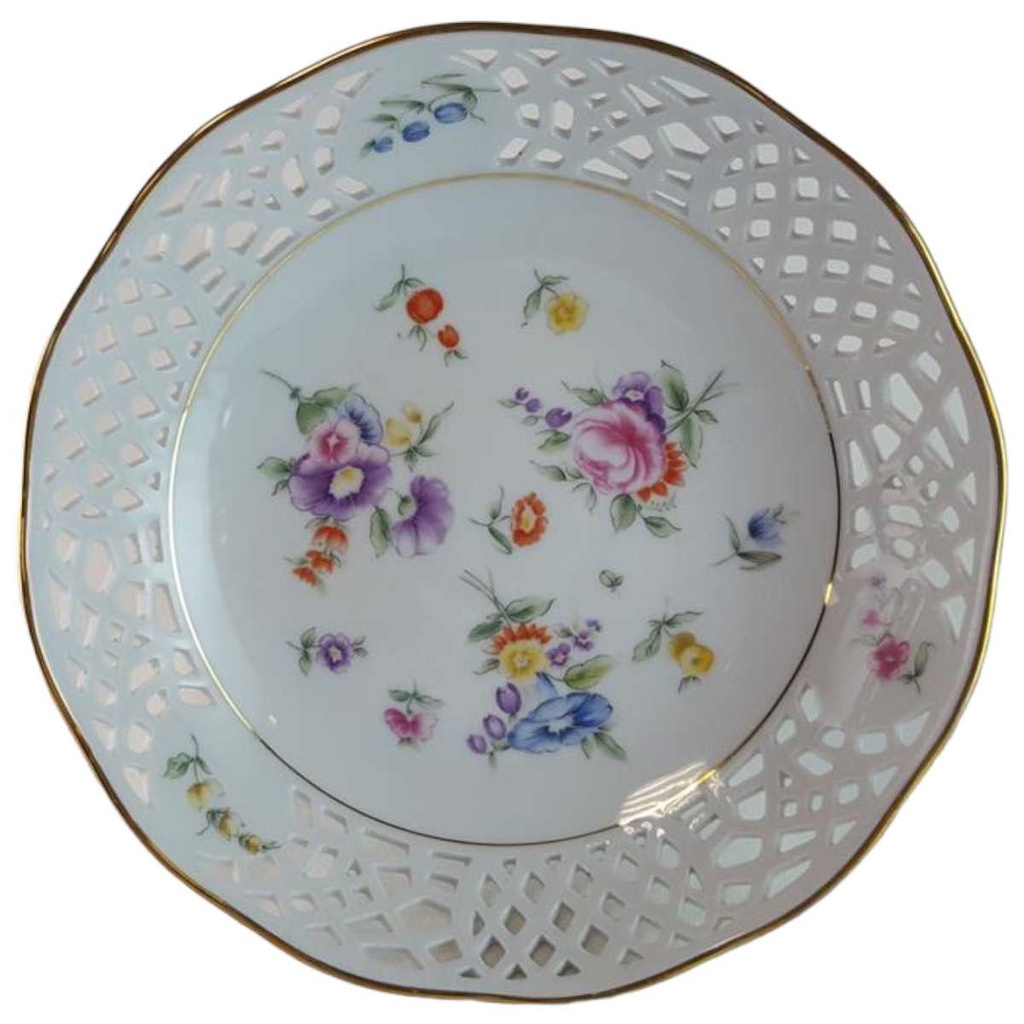 [45812554] Gebäckschale auf Fuß 19,1 cm Burg Lindau Flora und Fauna bunte Blumen gebraucht - gut