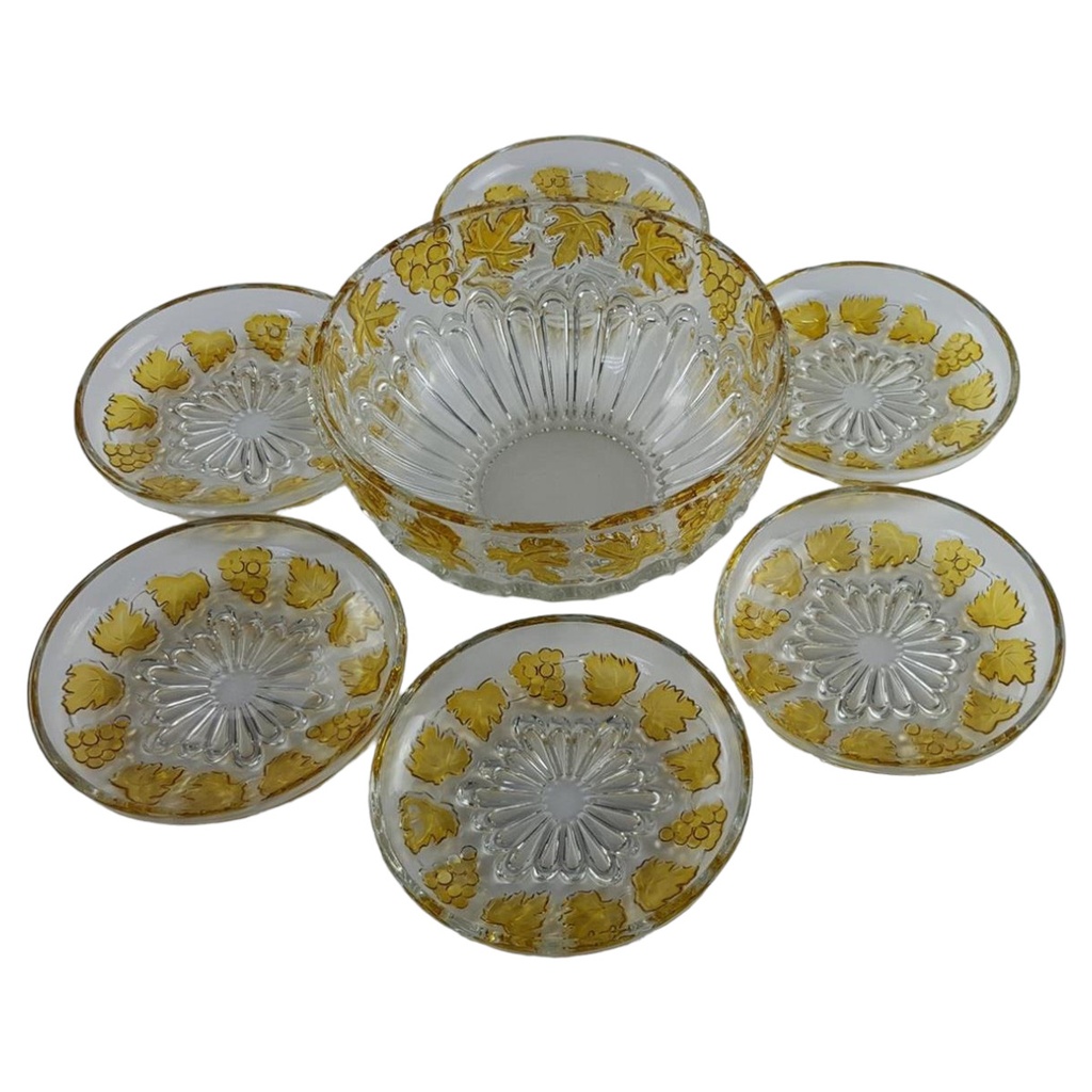 Glasschale mit 6xSchälchen Weintrauben Relief Dekor gelb Set 7 tlg