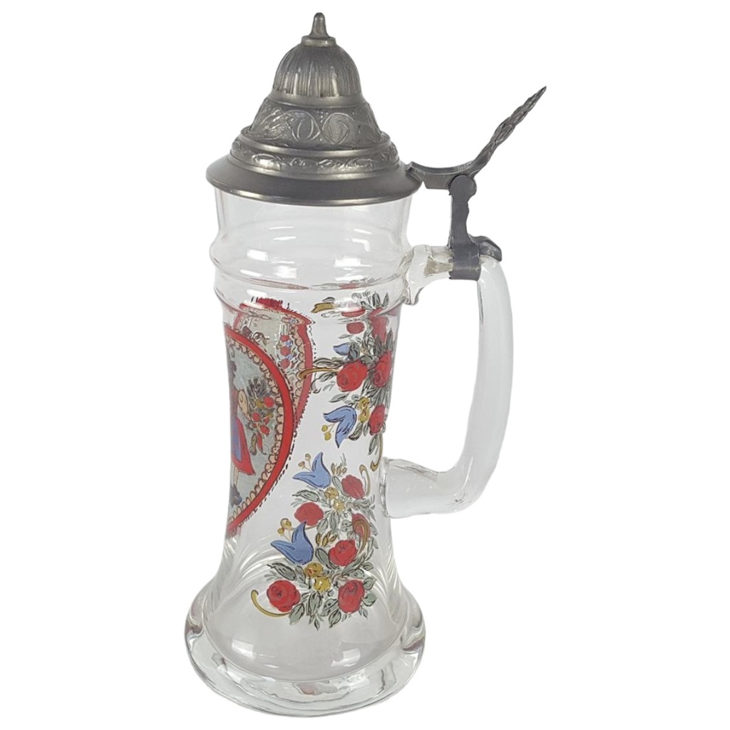[458128852] DGBM Glas Bierkrug Humpen Zinndeckel Emailmalerei Brautpaar H 25,5 cm