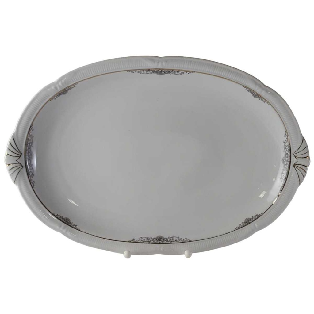 [45812943] Servierplatte Speiseplatte Fleischplatte Steakplatte 33,8x22,8 cm Zeh Scherzer Reliefdekor Platinrand Weiß gebraucht - gut