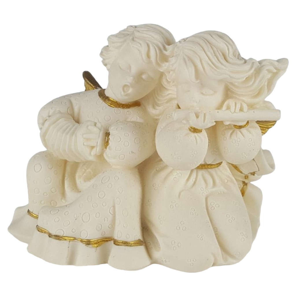 [458133070] Figur Skulptur Zwei Engel spielen auf Flöte und Korzertina weiß/gold Kunststoff H 8 cm