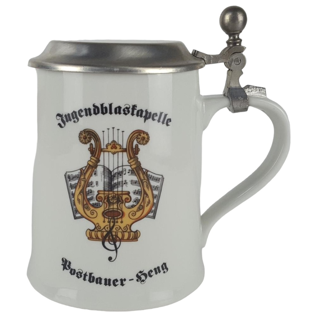 [458133264] Dr. Merkle Atelier Bierkrug Zinndeckel Porzellan mit Motiv H 15,8 cm