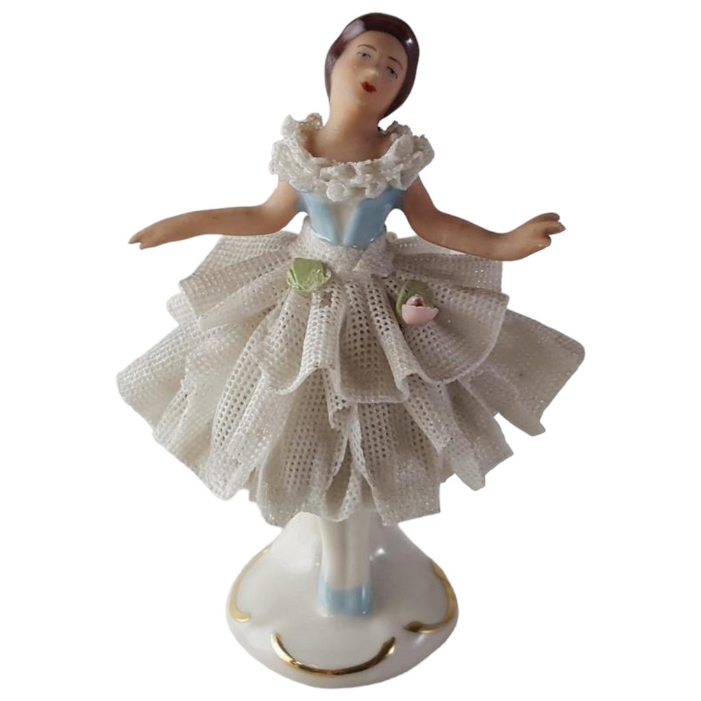 [45813333] Dresden Decor Tüll Porzellan Figur Tänzerin mit Spitzenkleid Tüllkleid H 9 cm
