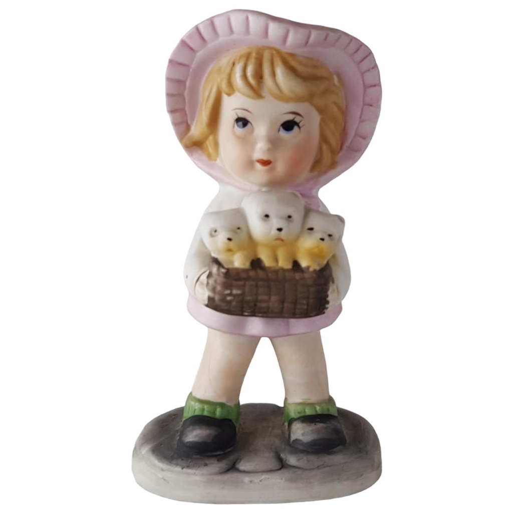 [45813417] Porzellan Figur Mädchen mit einem Korb Welpen H 11,3 cm