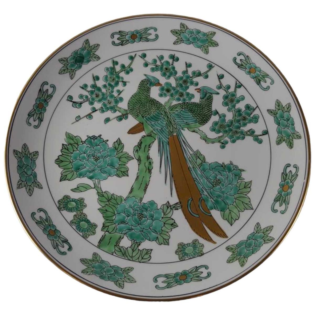 Wandteller Gold Imari Japan grüne Blumen Paradiesvögel mit Goldrand D 31 cm