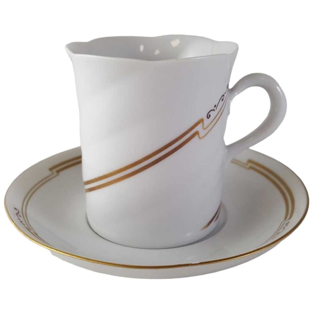 [45813676] Untertasse Mokkatasse mit Kaffeetasse Tasse Espressotasse & Goldrand Freiberger Porzellan Weiß gebraucht - gut