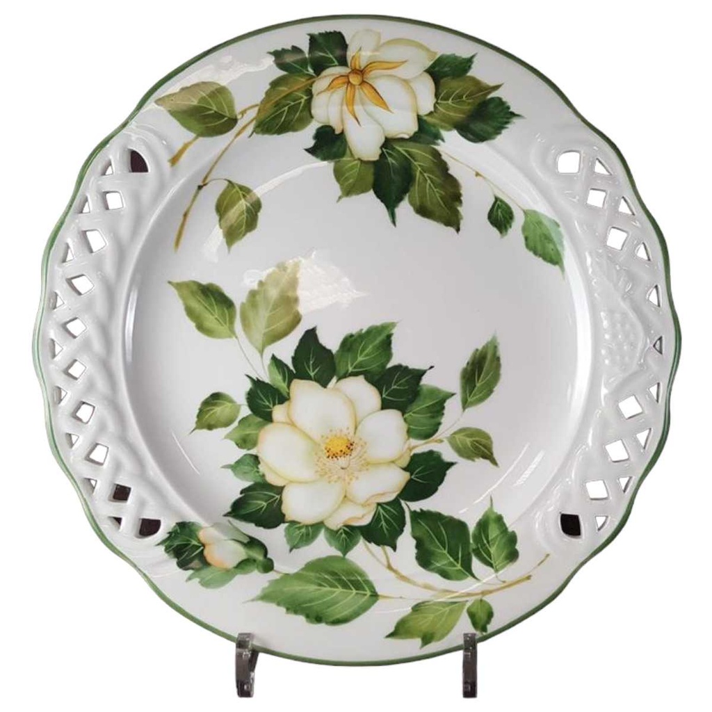 Servierplatte Tiffany Boutique Italy weiße Blume mit Grünrand Durchbruch D 30 cm