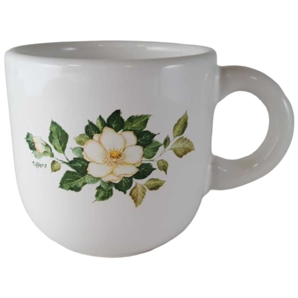 Kaffeetasse Tasse Tiffany Boutique Italy weiße Blume mit Grünrand gebraucht - sehr gut