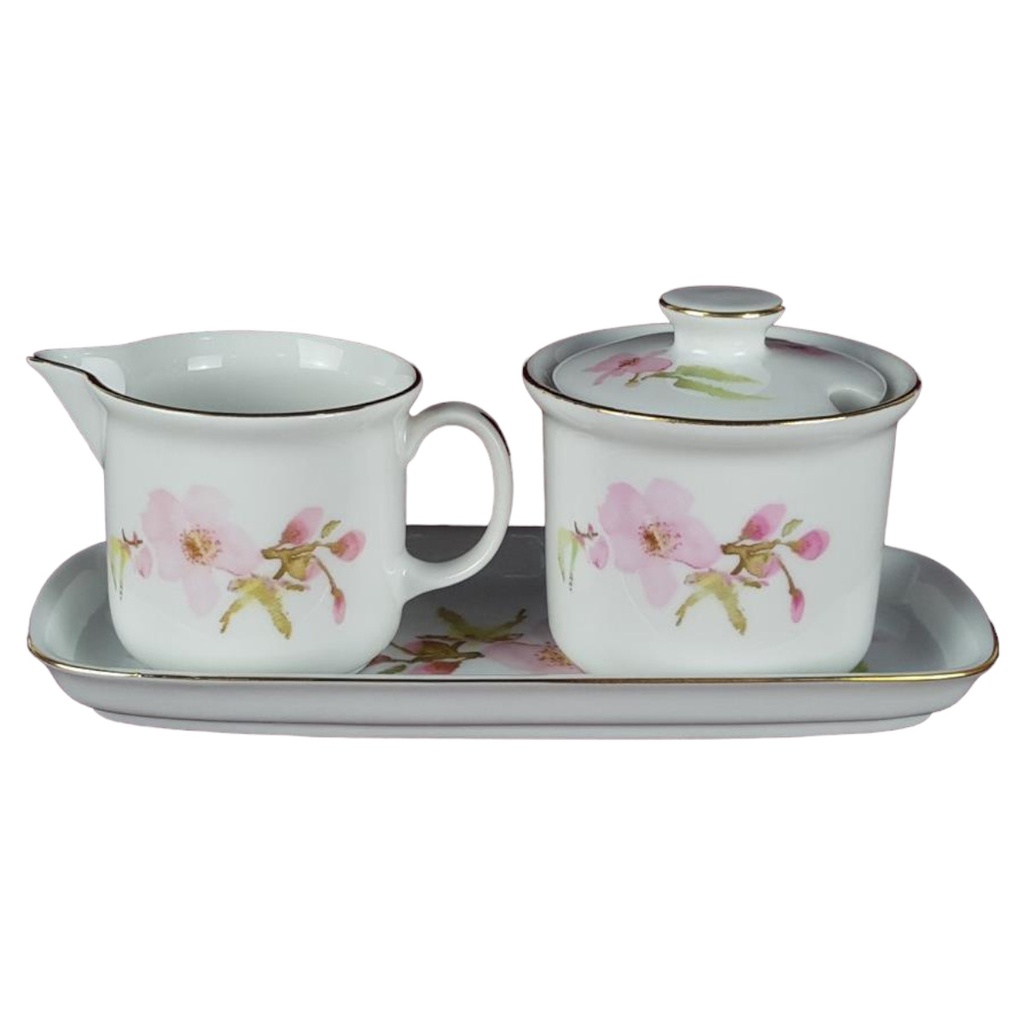 [458138481] Porzellan Milchkännchen Zuckerdose Blumendekor Goldrand Set 3 tlg