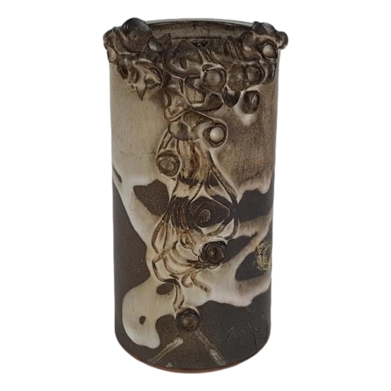 [458138545] Keramik Blumenvase Vase Tischvase Blumendekor signiert H 15,3 cm
