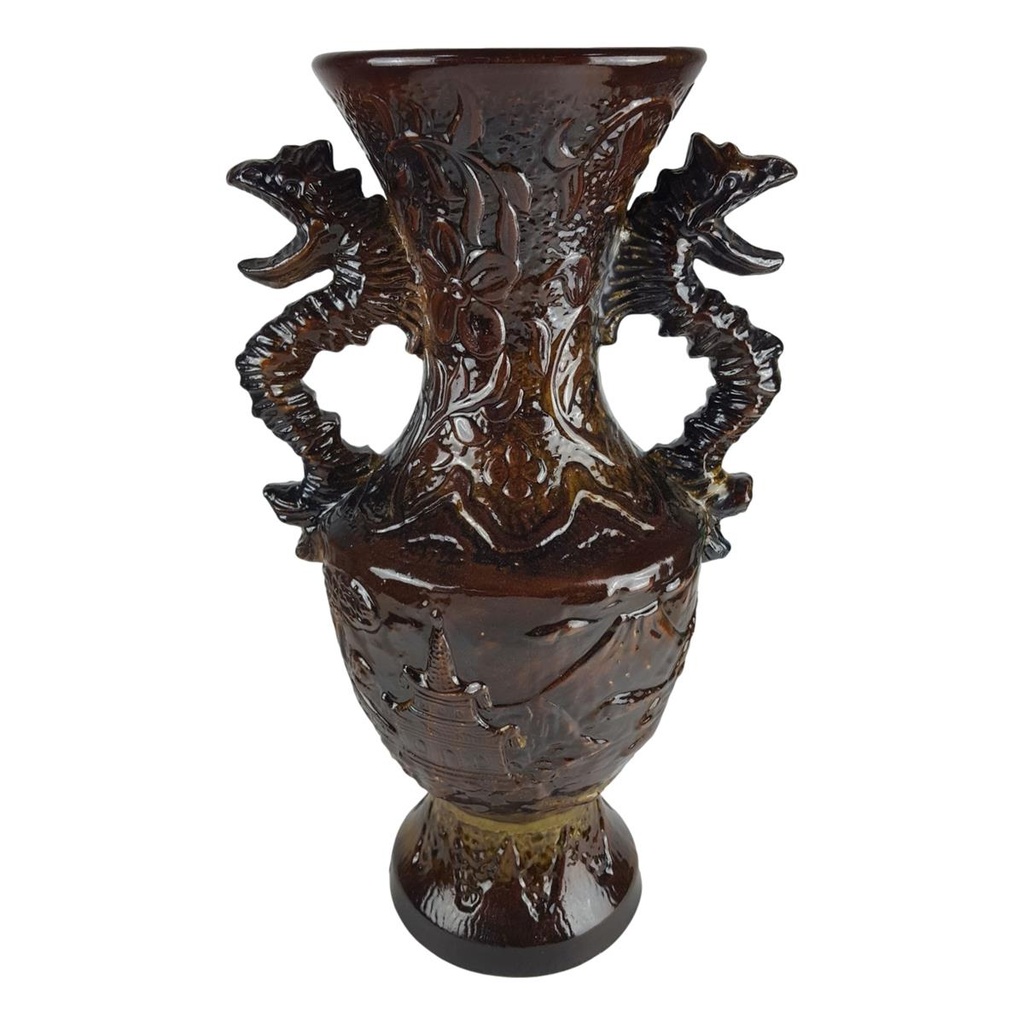 [458138898] Keramik Vase Drachengriffe Chinadekor Braun Bodenvase H 51 cm Vintage Retro