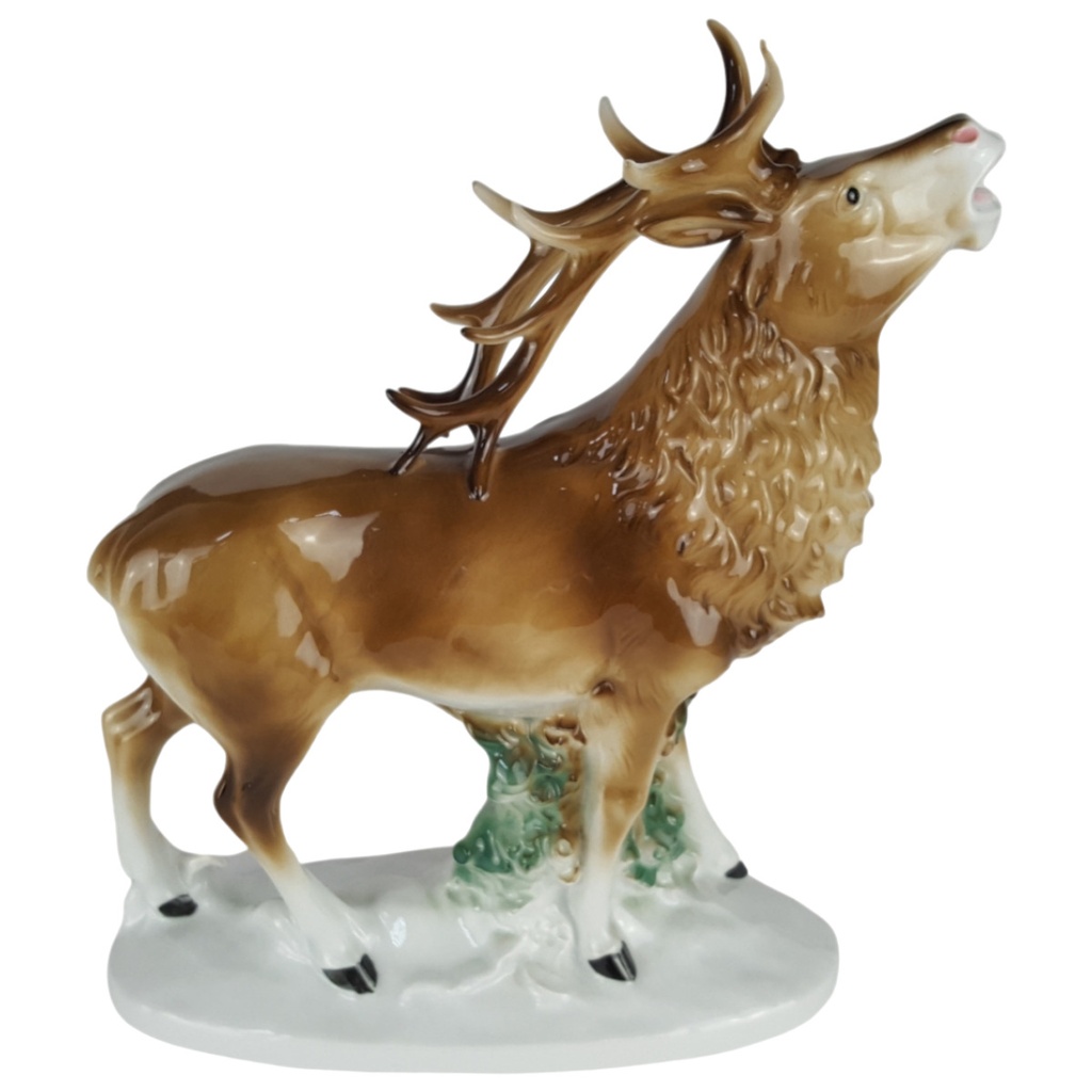 [458139120] Gräfenthal Porzellan Figur Skulptur Statue Hirsch bunt H 26 cm