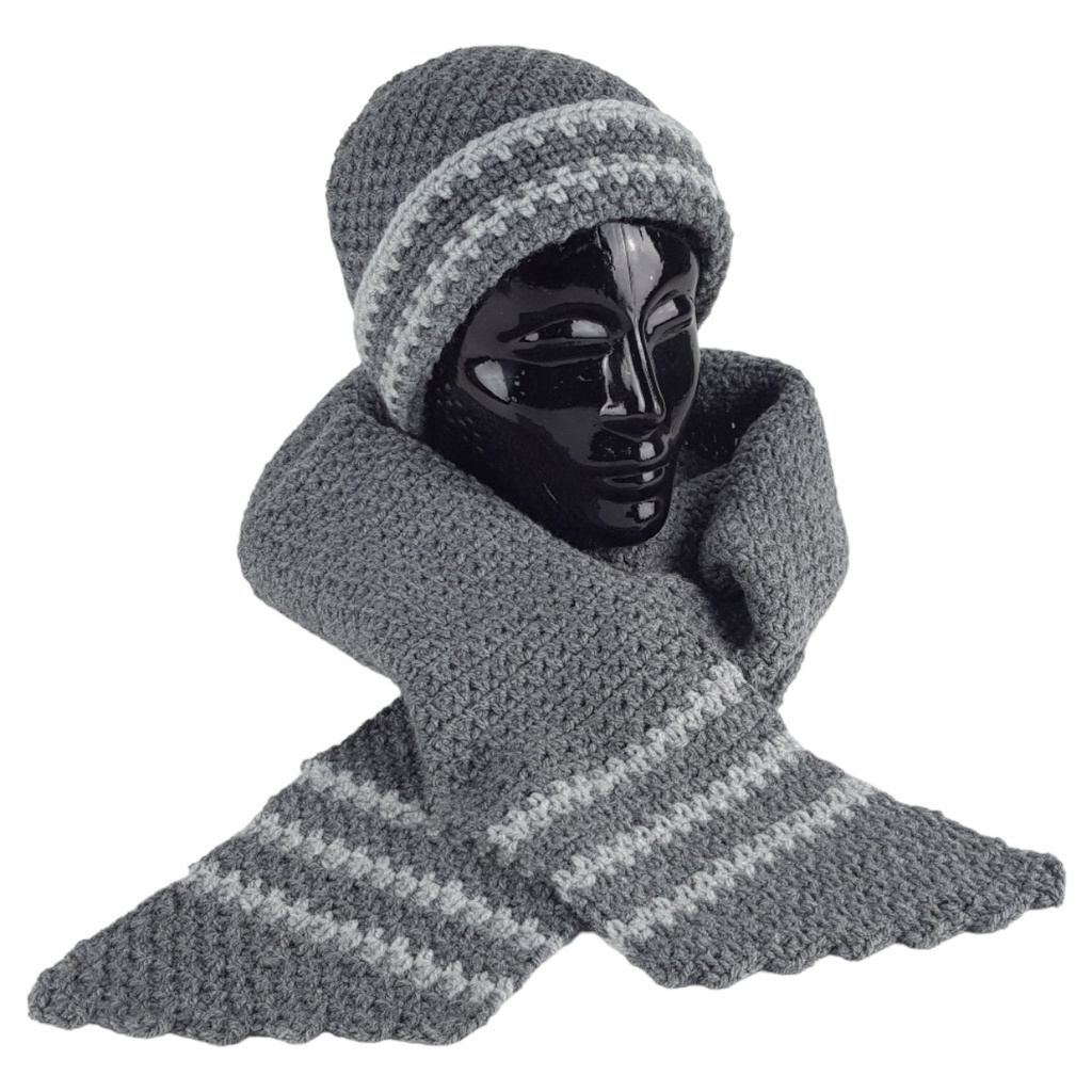 Schal Mütze Set 2 tlg Damen Handarbeit grau gehäkelt
