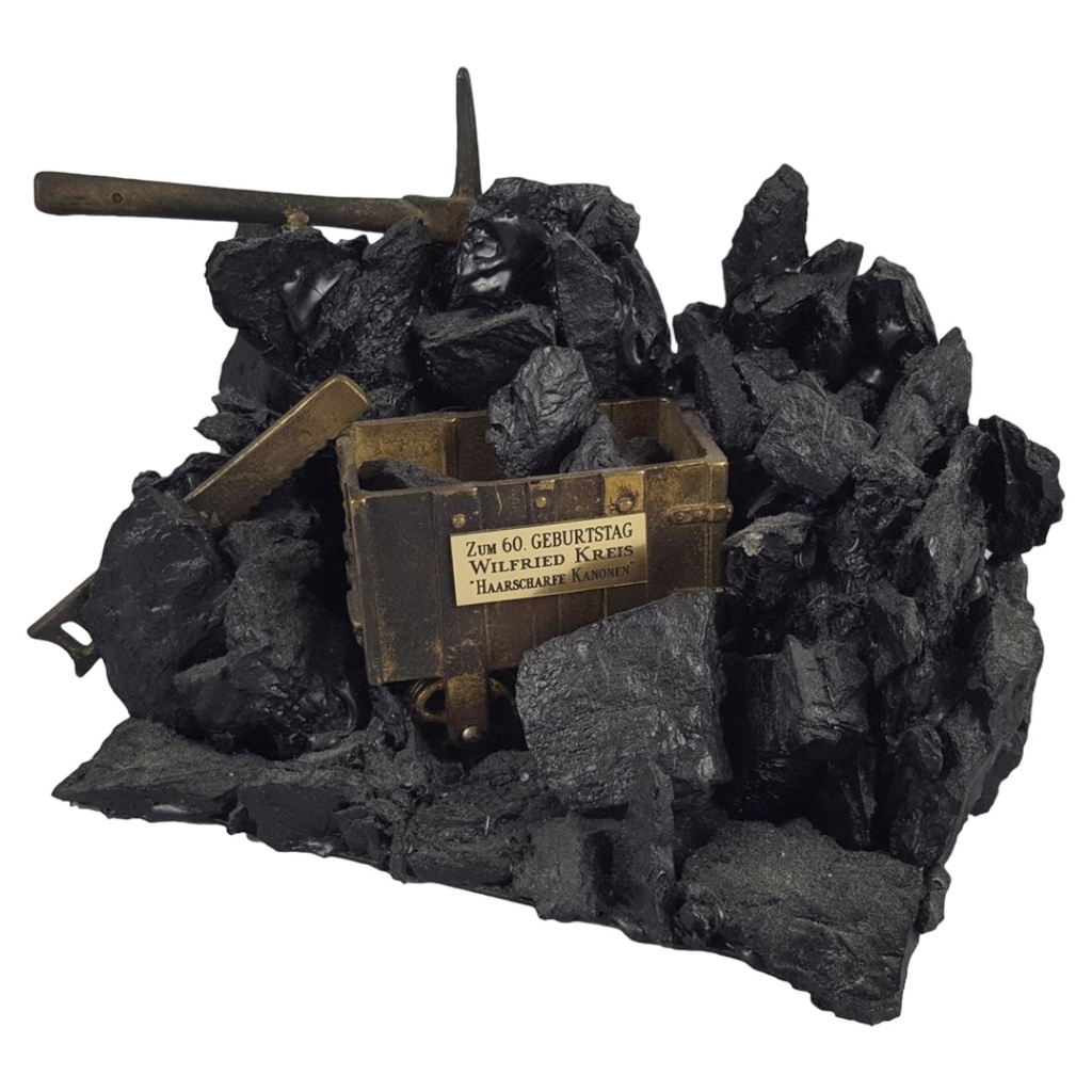 [458139628] Kohleskulptur Kohlefigur Kohlewagen Messing Bergbau 24x17x15 cm
