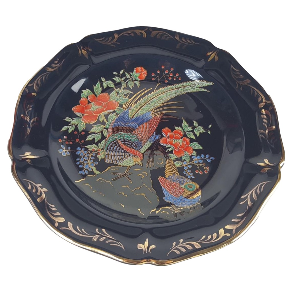 [458139844] Wandteller Porzellan Griechenland Pfau Blumen 24 K Gold D 26 cm