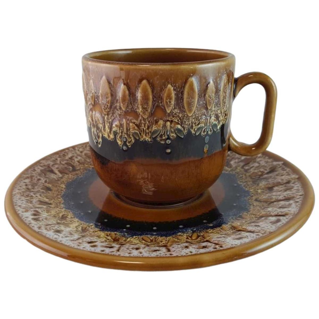 [45814057] Kaffeetasse mit Untertasse Tasse Sarreguemines SDV France Fat Lava braun weiß schwarz gebraucht - akzeptabel