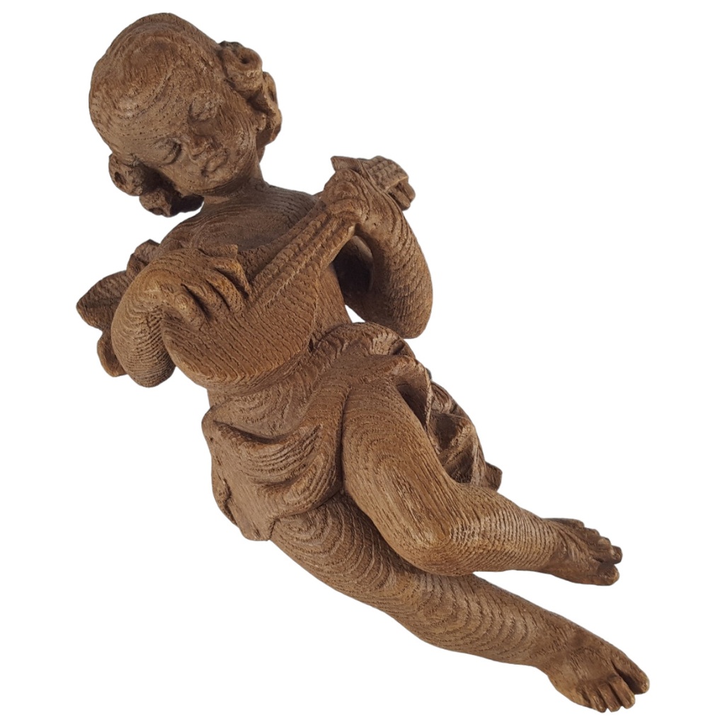 [458140618] Figur Skulptur Hans & Adolf Heinzeller Oberammergauer Holz Engel mit Laute 32,5 cm