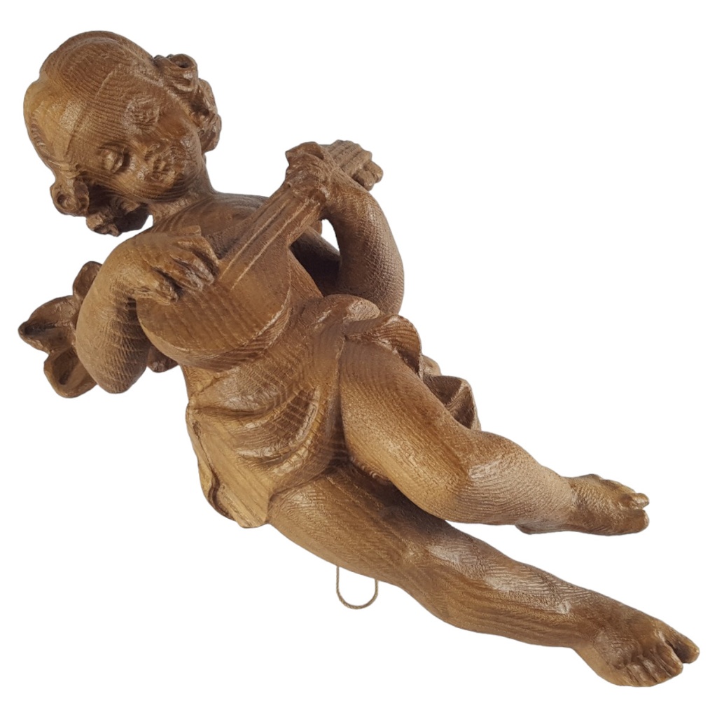[458140624] Figur Skulptur Engel Putto mit Laute Holz geschnitzt Kunsthandwerk H 32 cm