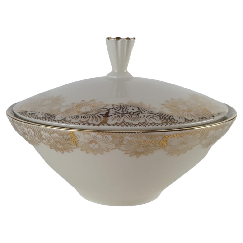 [458140669] Porzellan Bonboniere Deckeldose Blumendekor Goldrand Goldblumen D 13,5 H 9,5 cm