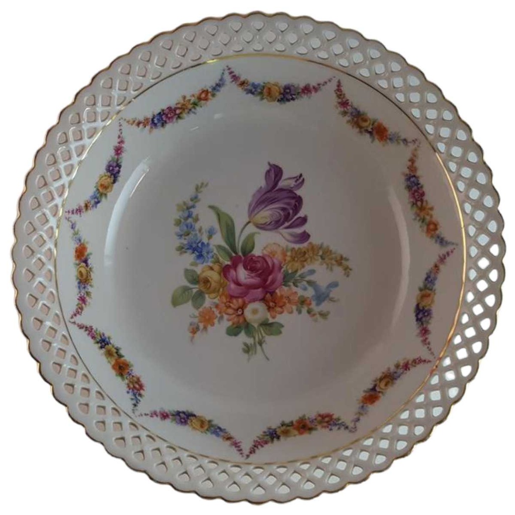 Schüssel Goldrand Durchbrucharbeit 25 cm Schumann Arzberg bunte Blumen gebraucht - gut