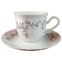 Kaffeetasse mit Untertasse Winterling Kirchenlamitz blau rot Blümchen Relief Wellenrand gebraucht - gut