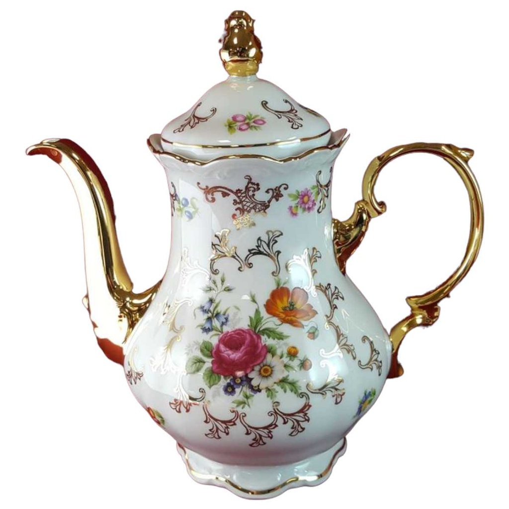 Kaffeekanne Goldrand 1,4 L Paul Leitner bunte Blumen mit gebraucht - sehr gut