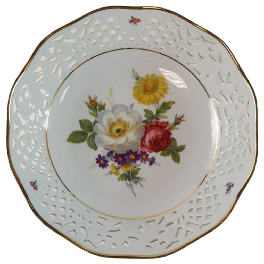 [45815639] Schale Durchbruchschale Goldrand Durchbrucharbeit 23,2 cm Marienbad Ingres Weiss bunte Blumen gebraucht - sehr gut