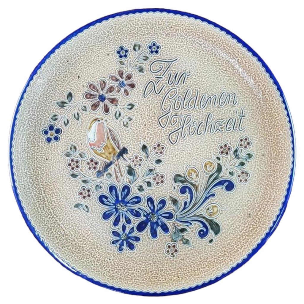 [45816407] Wandteller D 31 cm Zur Goldenen Hochzeit Vogel Blumendekor Handarbeit Keramik