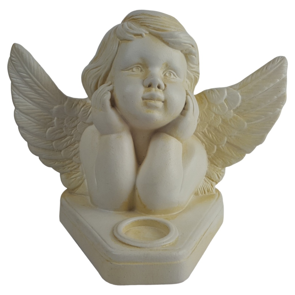 [458164238] Figur Skulptur Deko Engel Putte mit Teelichthalter Büste Keramik weiß H 22,2 B 28,7 cm