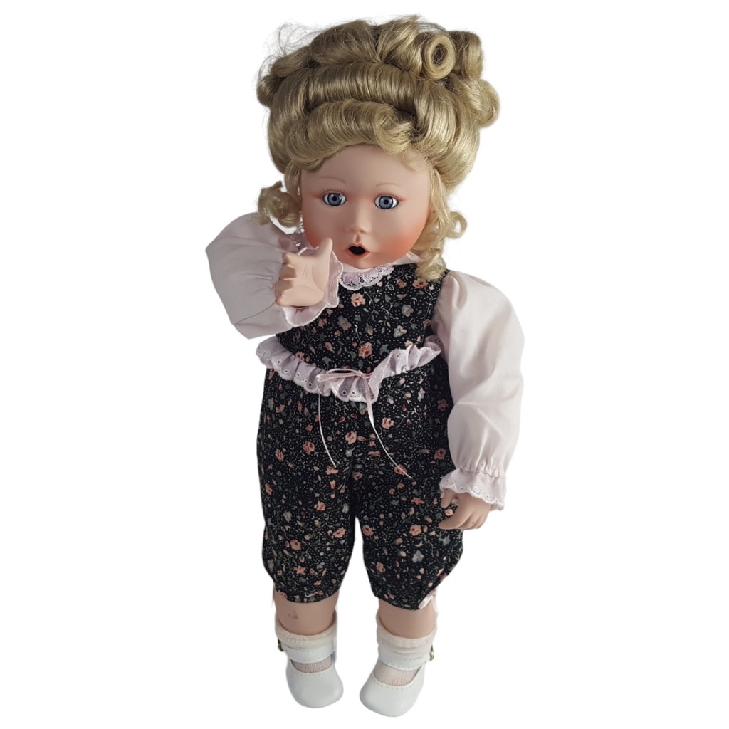 Jan Moodyear Künstlerpuppe Porzellanpuppe mit Ständer H 37,3 cm