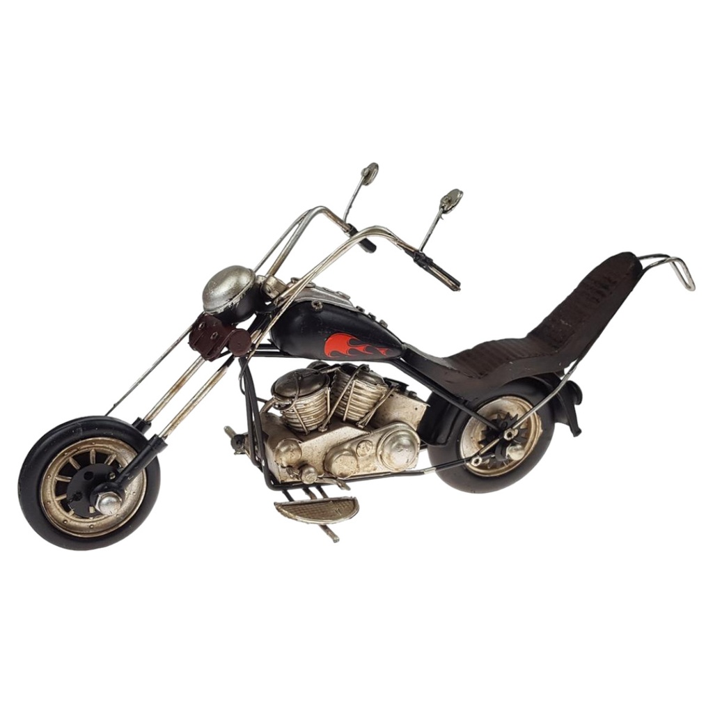 [458164853] Großes schwarzes Blechmotorrad mit Flamme Modell Motorrad Chopper Deko