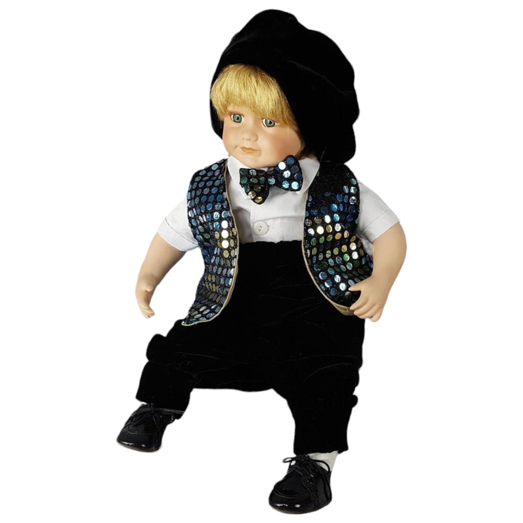 Porzellanpuppe Dekopuppe Geschenkidee sitzend H 27,8 cm
