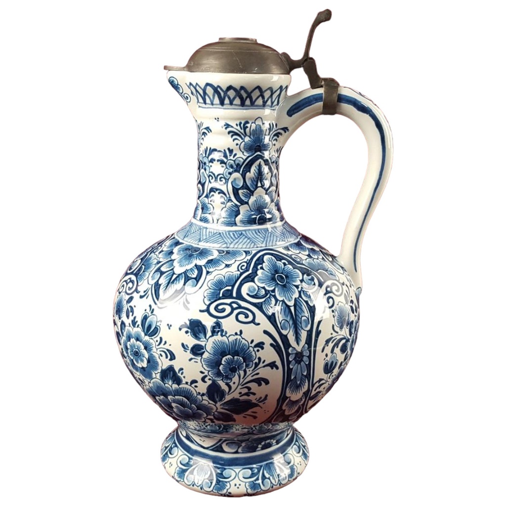 Krug 33 cm Henkelkrug mit Zinndeckel Delft Keramik Blumendekor blau