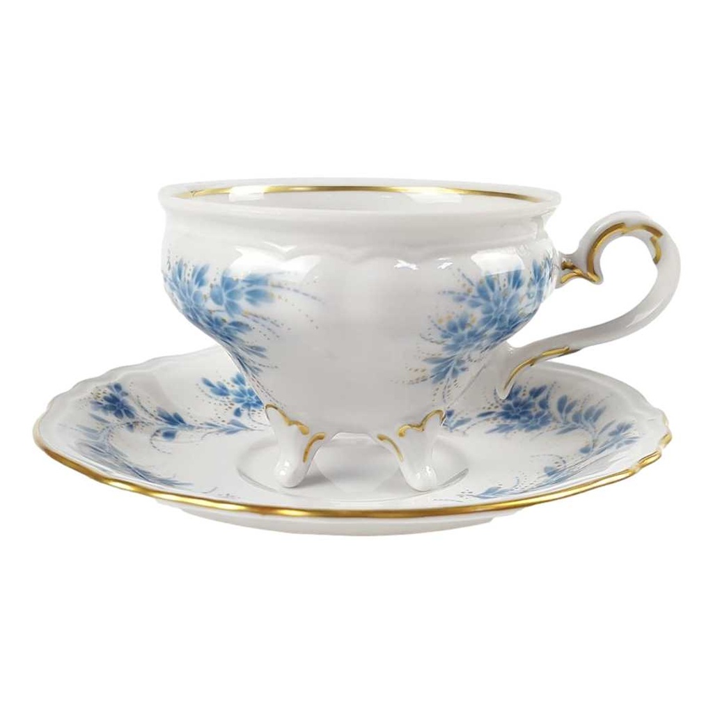 Mokkatasse mit Untertasse Sammeltasse Goldrand 2tlg Weimar Porzellan Blumendekor Blau Blumen gebraucht - sehr gut
