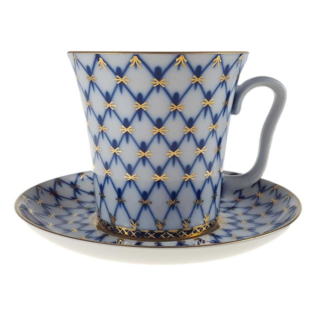 Kaffeebecher mit Untertasse 2tlg Lomonosov Porzellan Kobaltnetz Gold gebraucht - neuwertig