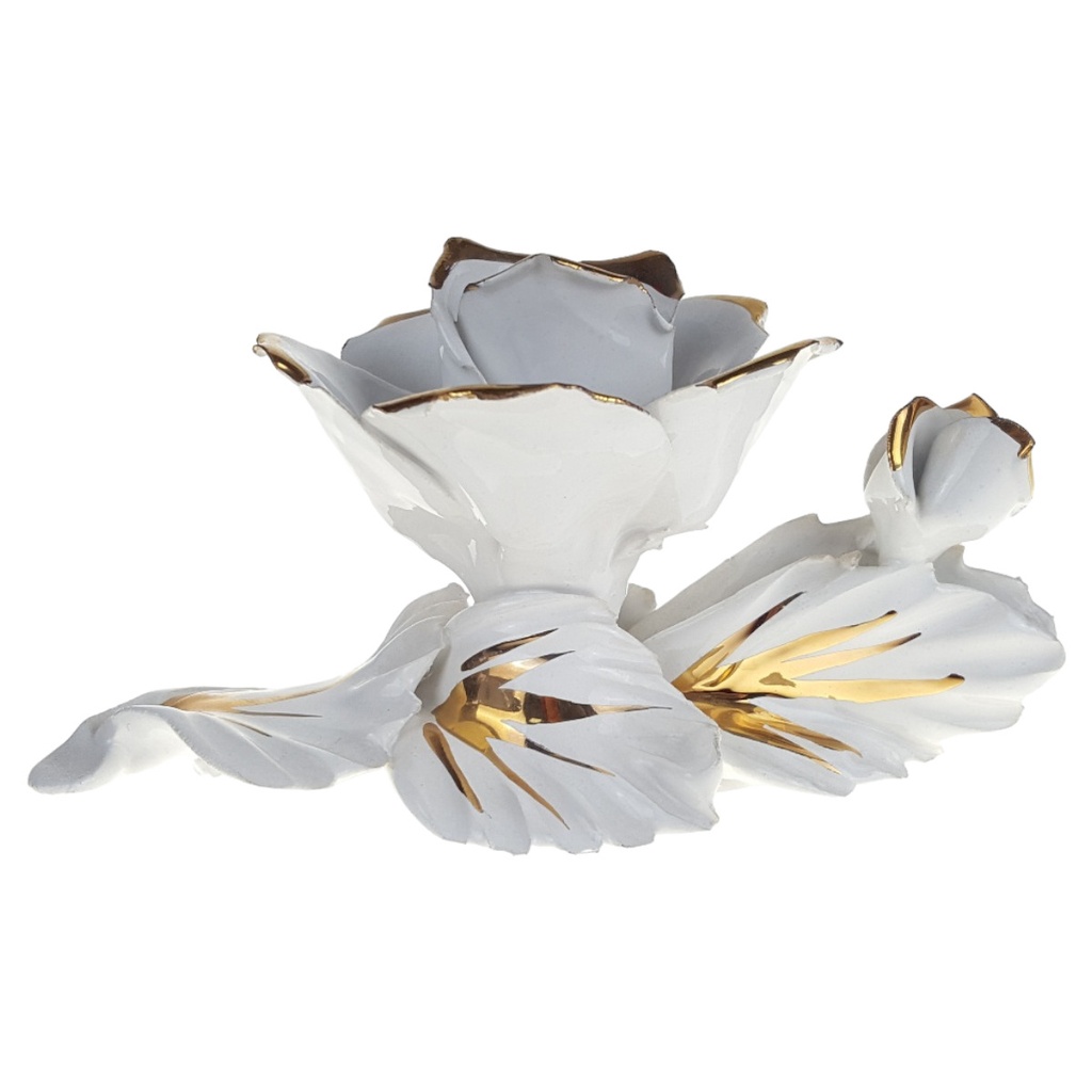 [458166817] Kerzenhalter 8 cm Rose Porzellan Deko weiß gold