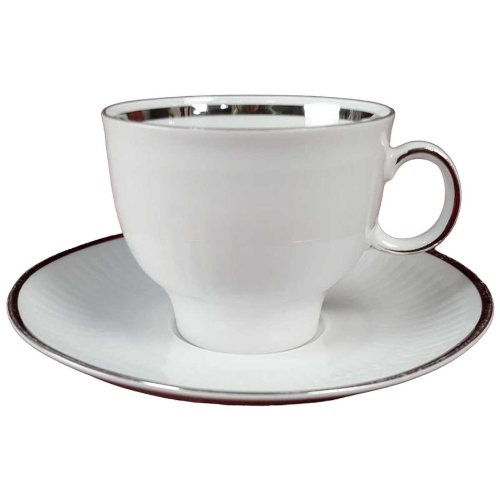 [45816694] Kaffeetasse mit Untertasse Tasse Winterling Kirchenlamitz weiß Silberrand und Rillen gebraucht - akzeptabel