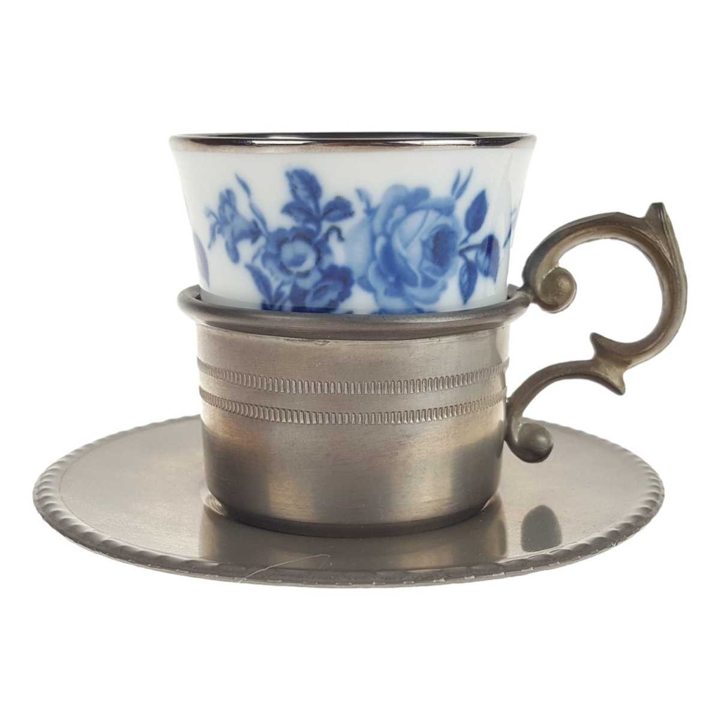[458167142] Mokkatasse mit Untertasse Espressotasse & Zinnhalter 3tlg Bareuther Platinrand Blaue Rose gebraucht - gut