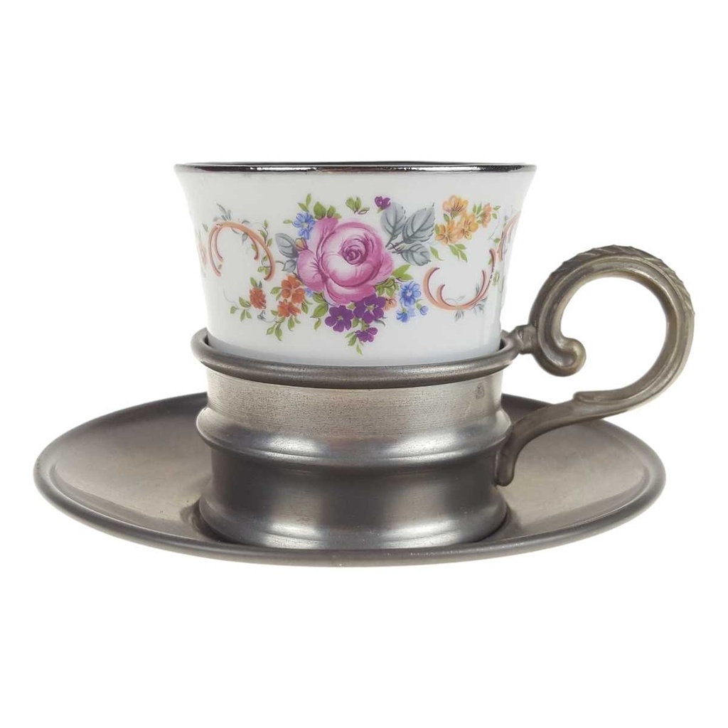 [458167143] Mokkatasse mit Untertasse Zinnhalter 3tlg Royal KPM Bavaria Platinrand gebraucht - gut