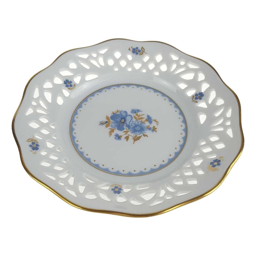 [458167144] Durchbruchteller Goldrand Durchbrucharbeit 12,5 cm Schumann Arzberg Blumendekor blaue Blume Blumen gebraucht - sehr gut