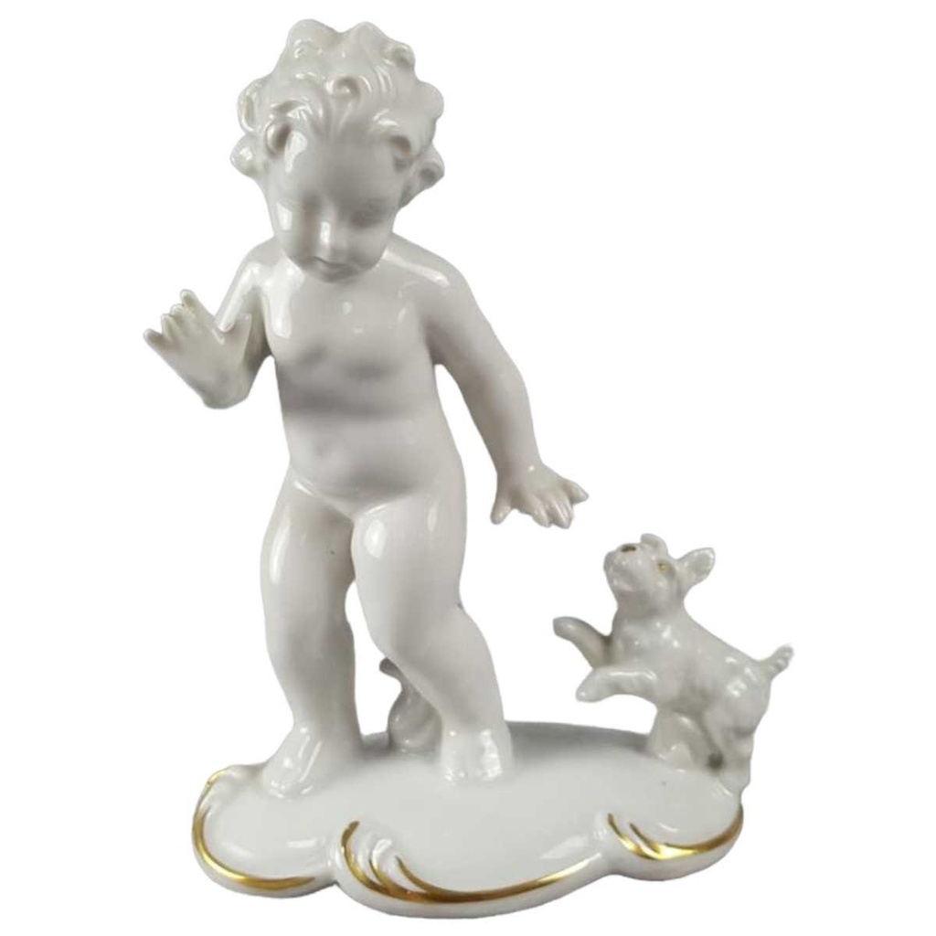 [45816771] Figur Golddekor Gerold & Co weiß mit Kind Hund gebraucht - sehr gut