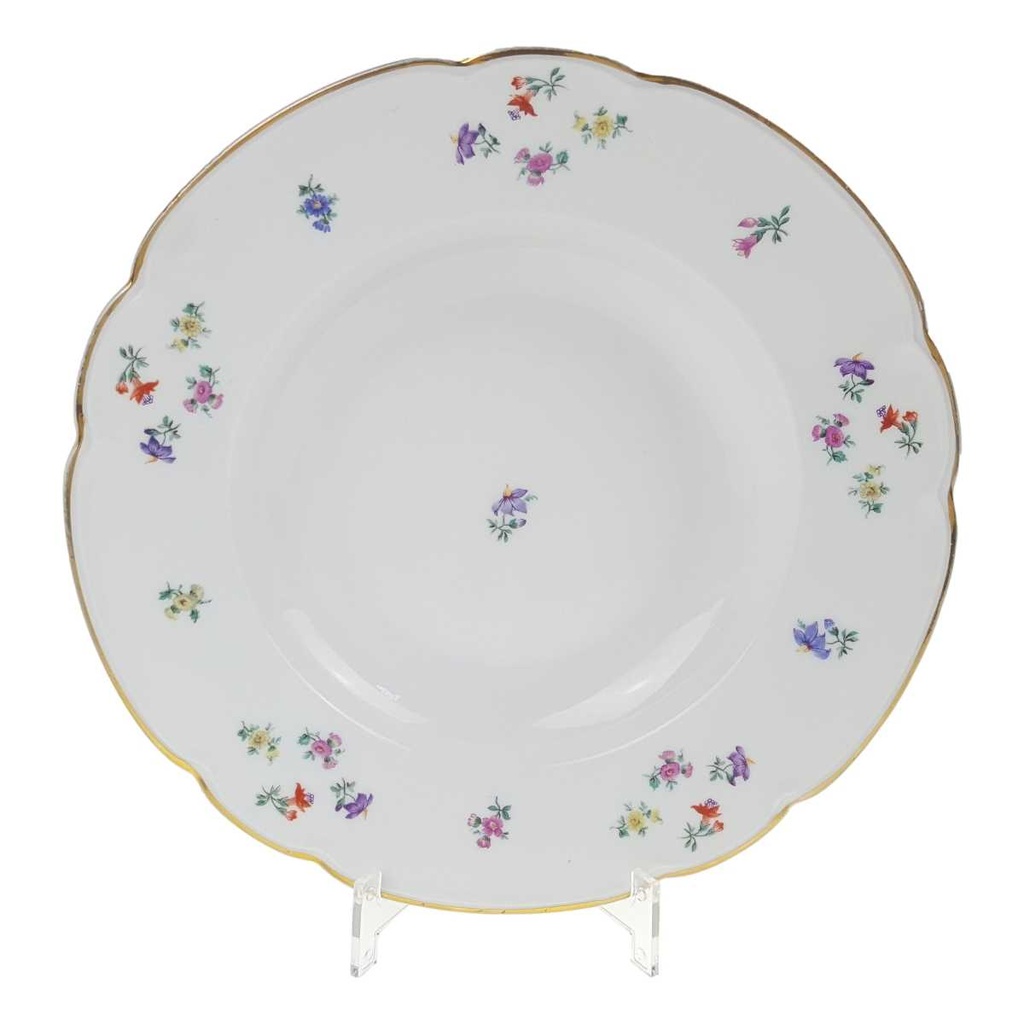 [458168330] Suppenteller Goldrand 25,4 cm Hutschenreuther Weiß Streublume Blumendekor gebraucht - gut