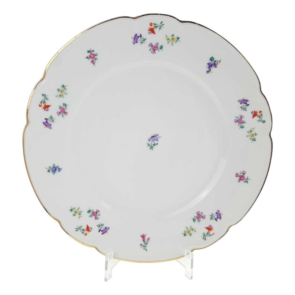 [458168331] Speiseteller Essteller Goldrand 25,7 cm Hutschenreuther Weiß Streublume Blumendekor gebraucht - gut
