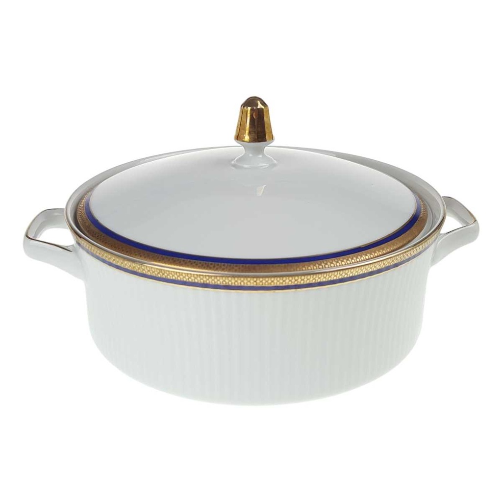 [458168434] Ragoutterrine Servierschüssel Goldrand 1,5 L Bareuther Waldsassen geriffelt Blauband Weiß gebraucht - gut