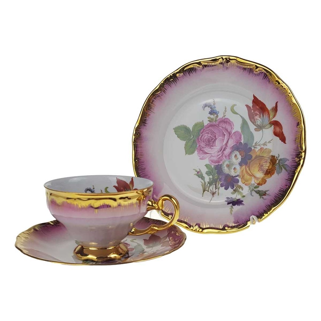 [458168503] Gedeck Goldrand 3tlg Theo Kühn Burgwindheim Blumendekor Blumen gebraucht - gut