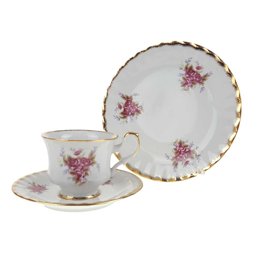 [458168665] Sammelgedeck 3tlg. Fena Porzellan rosa Dekor Goldrand