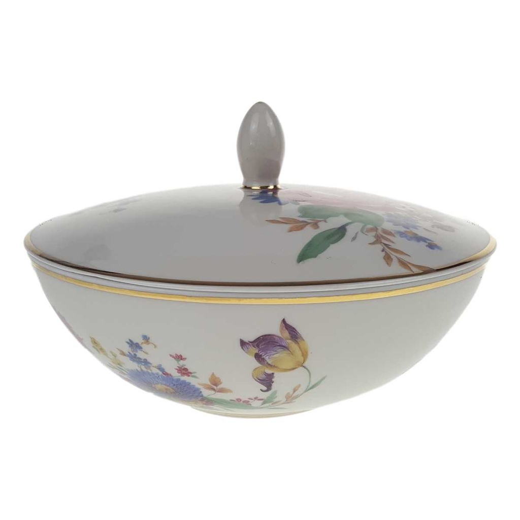 [458168833] Deckeldose Bonboniere Hutschenreuther elfenbein Goldrand Blumendekor