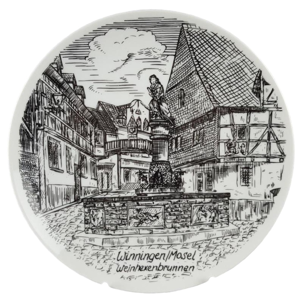 Porzellan Sammelteller Stadtmotiv Winningen/Mosel Weinhexenbrunnen D 19,8 cm