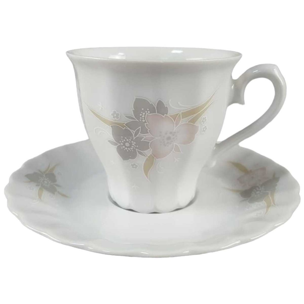 [45817958] Kaffeetasse mit Untertasse Tasse Eschenbach Toledo rosa graue Blüten gebraucht - sehr gut